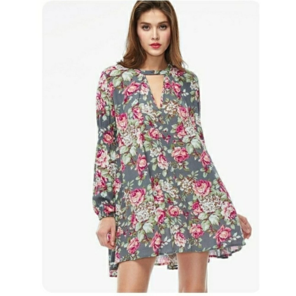 Gray Floral Rose Bell Sleeve Altar'd State Dress Baby Doll Flowy Short Mini